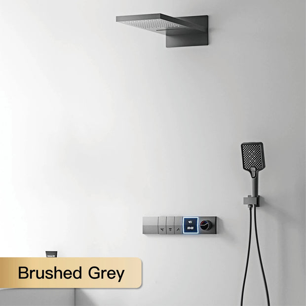 Luxury gun gray brass shower system intelligent LED digital display design, wall mounted dual control cold & hot 4-function Tap