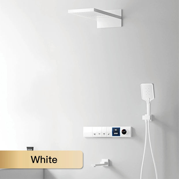 Luxury gun gray brass shower system intelligent LED digital display design, wall mounted dual control cold & hot 4-function Tap