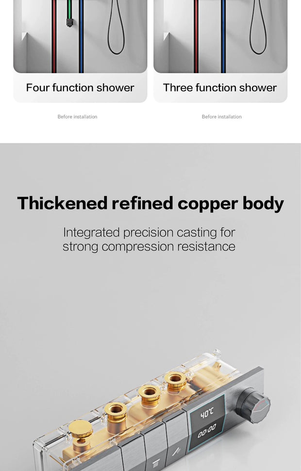 Luxury gun gray brass shower system intelligent LED digital display design, wall mounted dual control cold & hot 4-function Tap