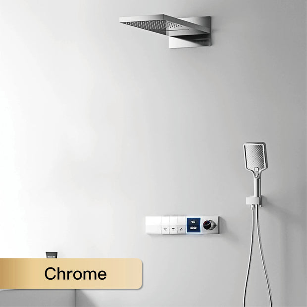 Luxury gun gray brass shower system intelligent LED digital display design, wall mounted dual control cold & hot 4-function Tap