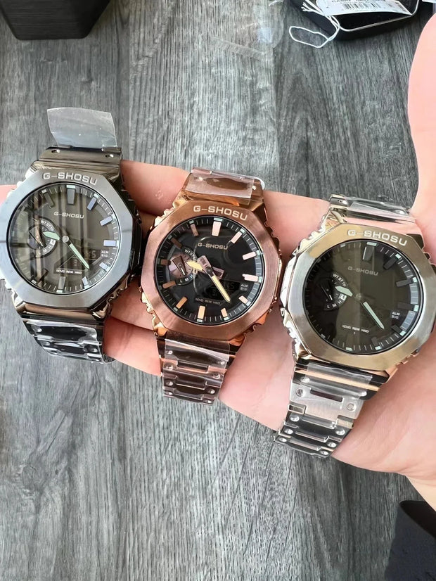 Digital Sports Electronic Unisex Watch Full Function LED Alloy Large Dial World Time Steel Strap GMB Oak Series