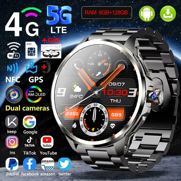 4G/5G Full Network Smart Watch 720*720 AMOLED Screen 900W Pixel Video Call 8GB+128GB RAM 2100 mAh WIFI GPS Google APP Smartwatch