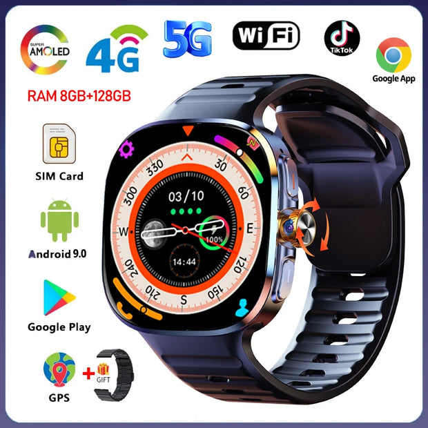 8GB+128GB RAM 5G/4G Android 9.0 Smart Watch 2.4 inch AMOLED 2100mah Battery 1000W Camera GPS WIFI Google APP Download Smartwatch