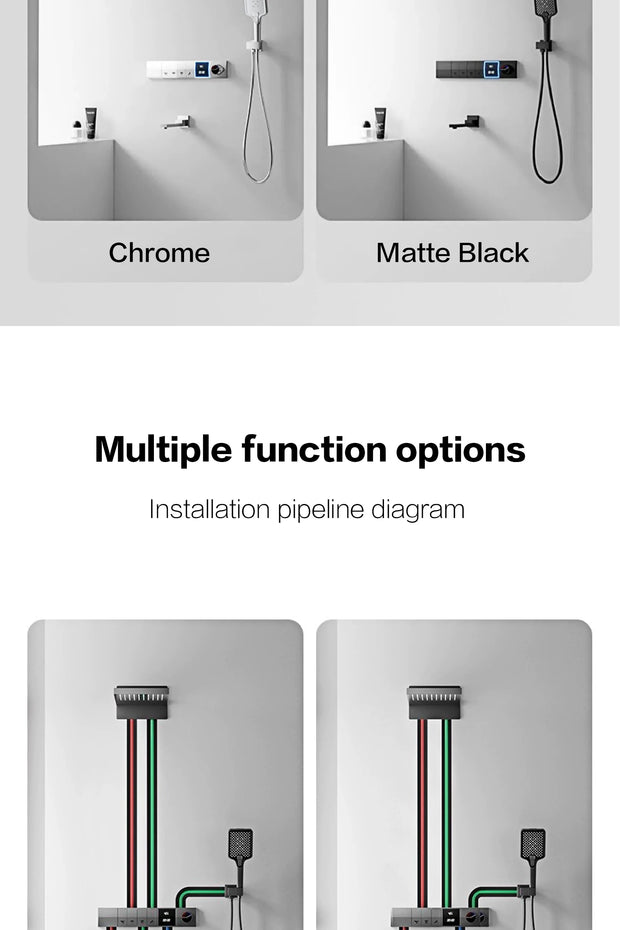 Luxury gun gray brass shower system intelligent LED digital display design, wall mounted dual control cold & hot 4-function Tap