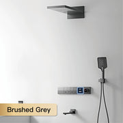 Luxury gun gray brass shower system intelligent LED digital display design, wall mounted dual control cold & hot 4-function Tap