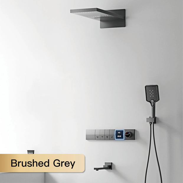 Luxury gun gray brass shower system intelligent LED digital display design, wall mounted dual control cold & hot 4-function Tap