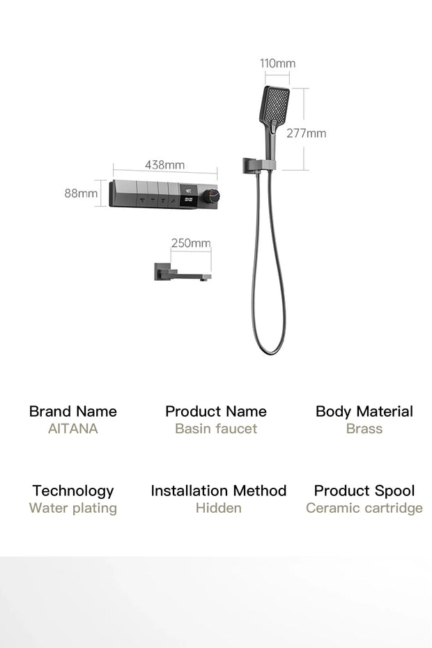 Luxury gun gray brass shower system intelligent LED digital display design, wall mounted dual control cold & hot 4-function Tap