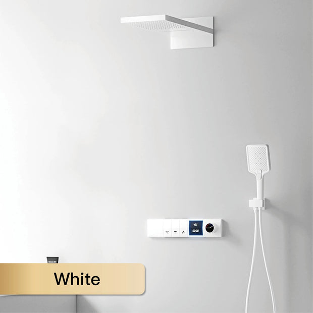 Luxury gun gray brass shower system intelligent LED digital display design, wall mounted dual control cold & hot 4-function Tap