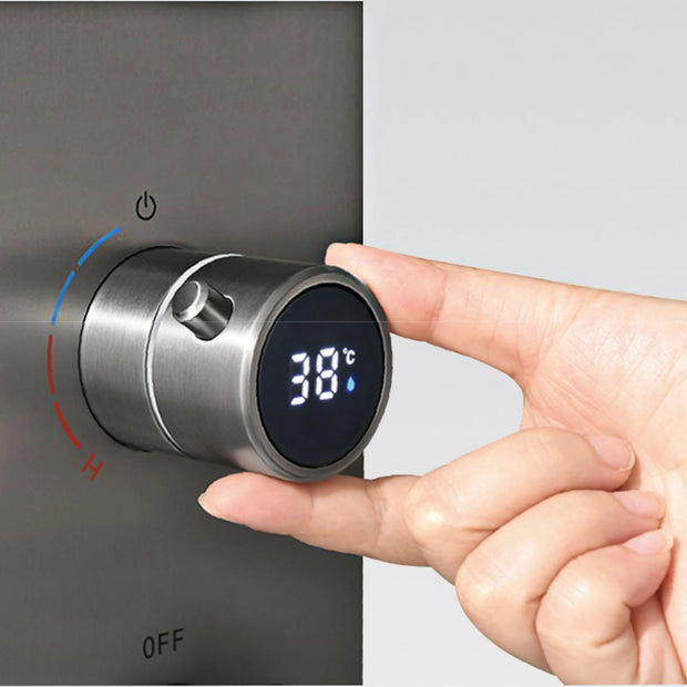 Bathroom Luxury Brass Gun Grey Built-in LED Display Thermostatic Shower System.Wall-Mounted Rainfall/Waterfall Spray Dual Outlet