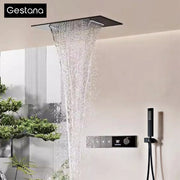 Luxury Brass Gun Grey Thermostatic LED Digital Display 3 Spray Modes Shower System.Ceiling-Embedded Waterfall Outlet Bath Mixer