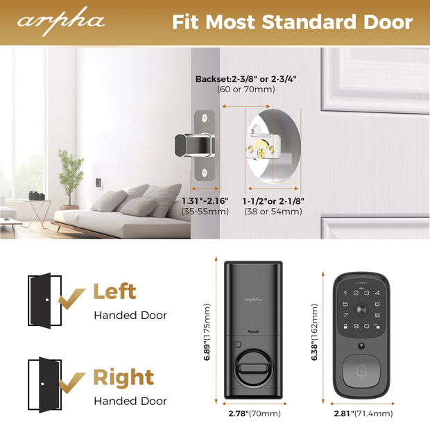 Arpha Smart Door Lock AL501 6 in 1 WiFi Smart Door Lock with Video Doorbell & Fingerprint 32GB Keyless Entry Digital Keypad