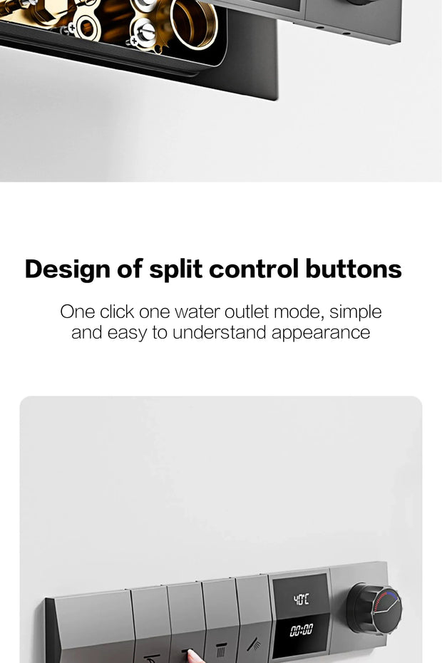 Luxury gun gray brass shower system intelligent LED digital display design, wall mounted dual control cold & hot 4-function Tap