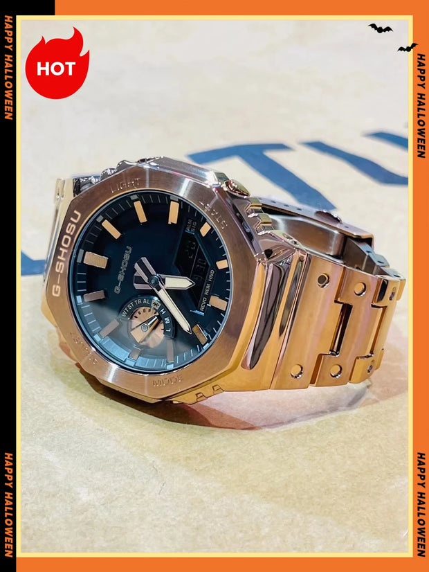 Digital Sports Electronic Unisex Watch Full Function LED Alloy Large Dial World Time Steel Strap GMB Oak Series