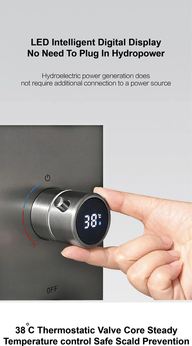 Bathroom Luxury Brass Gun Grey Built-in LED Display Thermostatic Shower System.Wall-Mounted Rainfall/Waterfall Spray Dual Outlet