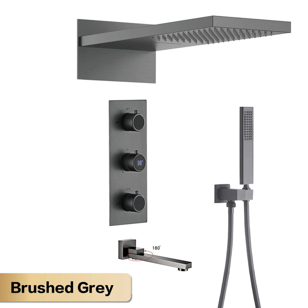 Bathroom Luxury Brass Gun Grey Built-in LED Display Thermostatic Shower System.Wall-Mounted Rainfall/Waterfall Spray Dual Outlet