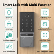 Smart Lock, Fingerprint Keyless Entry Door Lock with Doorbell, Electronic Deadbolt with App Control, Waterproof, with Bluetooth