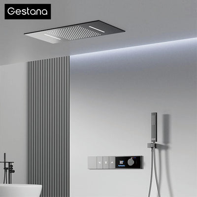 Luxury Brass Gun Grey Thermostatic LED Digital Display 3 Spray Modes Shower System.Ceiling-Embedded Waterfall Outlet Bath Mixer