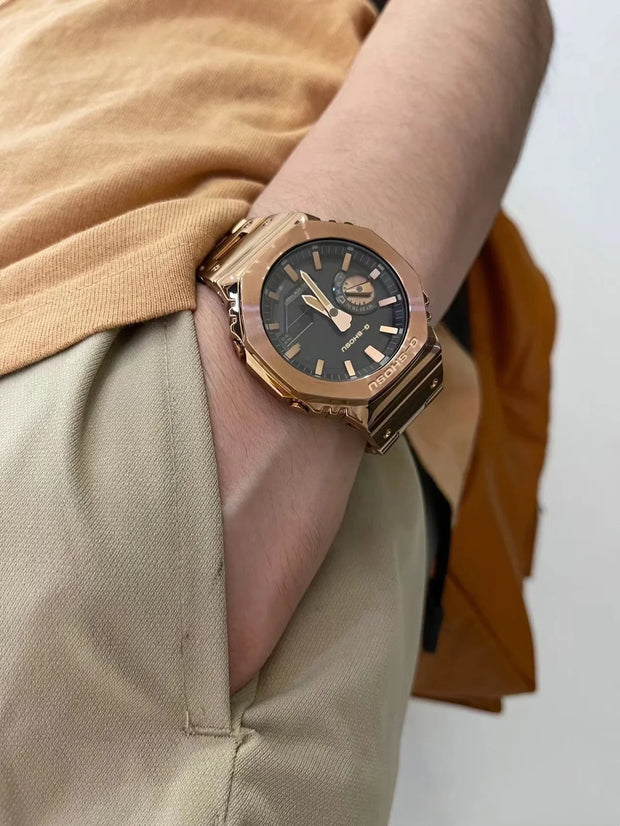 Digital Sports Electronic Unisex Watch Full Function LED Alloy Large Dial World Time Steel Strap GMB Oak Series