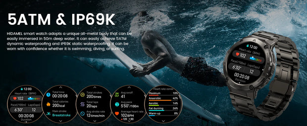 HIDAMEL T3E GPS Smart Watch For Men Compass Altimeter Altitude Stainless Steel Shell 5ATM IP69K Waterproof 470mAh AMOLED Watches