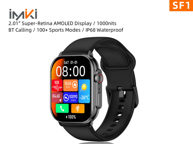 IMIKI SF1 Smart Watch 2.01" AMOLED Display 1000nits BT Calling 100+ Sports Modes IP68 Business Fashion Modeling Metal Case