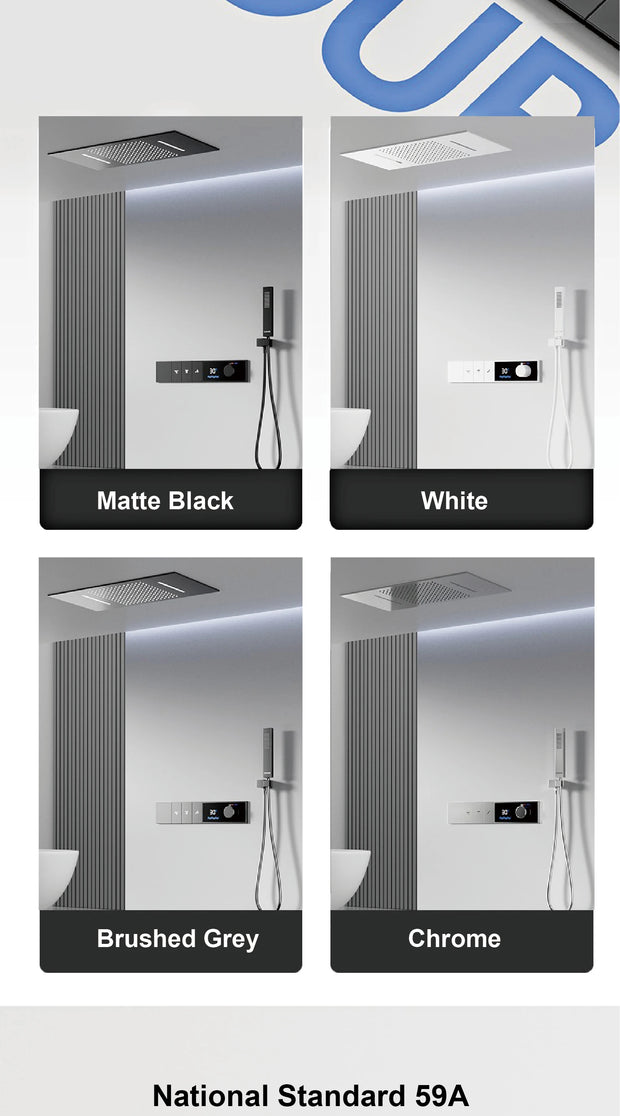 Luxury Brass Gun Grey Thermostatic LED Digital Display 3 Spray Modes Shower System.Ceiling-Embedded Waterfall Outlet Bath Mixer