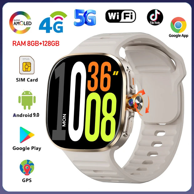 8GB+128GB RAM 5G/4G Android 9.0 Smart Watch 2.4 inch AMOLED 2100mah Battery 1000W Camera GPS WIFI Google APP Download Smartwatch
