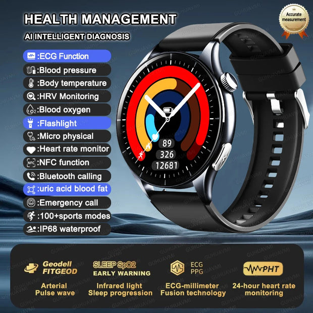 2025 New Health Analysis ECG+PPG Smart Watch Body Fat Uric Acid Blood Pressure Heart Rate Tracker NFC Smartwatch For Android IOS