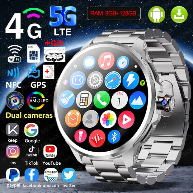 4G/5G Full Network Smart Watch 720*720 AMOLED Screen 900W Pixel Video Call 8GB+128GB RAM 2100 mAh WIFI GPS Google APP Smartwatch