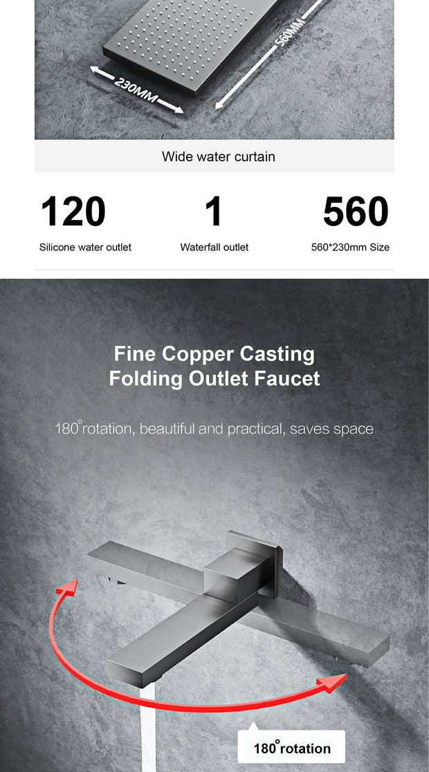 Bathroom Luxury Brass Gun Grey Built-in LED Display Thermostatic Shower System.Wall-Mounted Rainfall/Waterfall Spray Dual Outlet