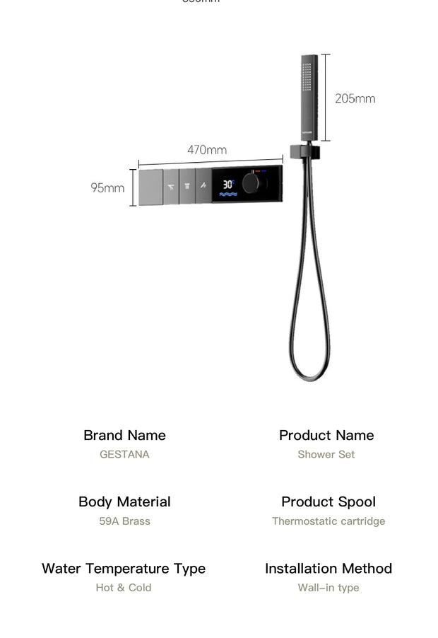 Luxury Brass Gun Grey Thermostatic LED Digital Display 3 Spray Modes Shower System.Ceiling-Embedded Waterfall Outlet Bath Mixer