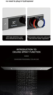 Luxury Brass Gun Grey Thermostatic LED Digital Display 3 Spray Modes Shower System.Ceiling-Embedded Waterfall Outlet Bath Mixer