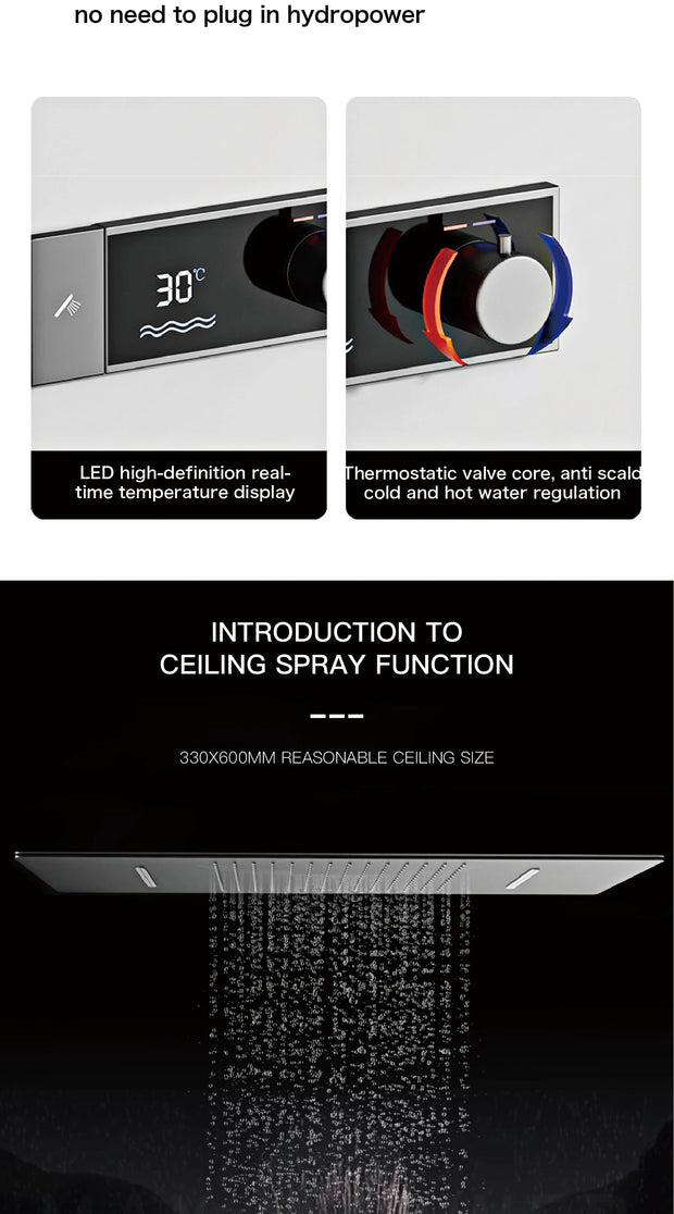 Luxury Brass Gun Grey Thermostatic LED Digital Display 3 Spray Modes Shower System.Ceiling-Embedded Waterfall Outlet Bath Mixer