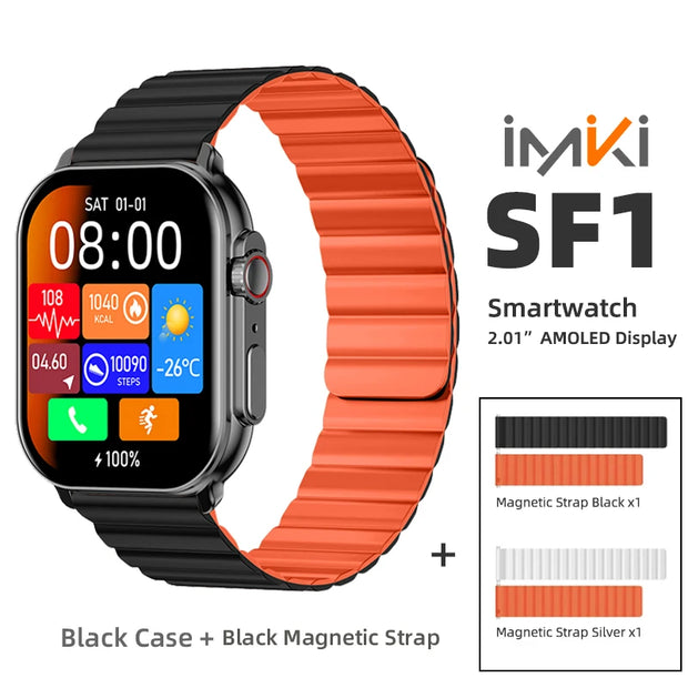 IMIKI SF1 Smart Watch 2.01" AMOLED Display 1000nits BT Calling 100+ Sports Modes IP68 Business Fashion Modeling Metal Case
