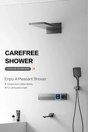 Luxury gun gray brass shower system intelligent LED digital display design, wall mounted dual control cold & hot 4-function Tap