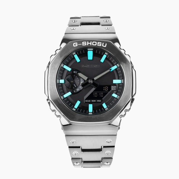 Digital Sports Electronic Unisex Watch Full Function LED Alloy Large Dial World Time Steel Strap GMB Oak Series