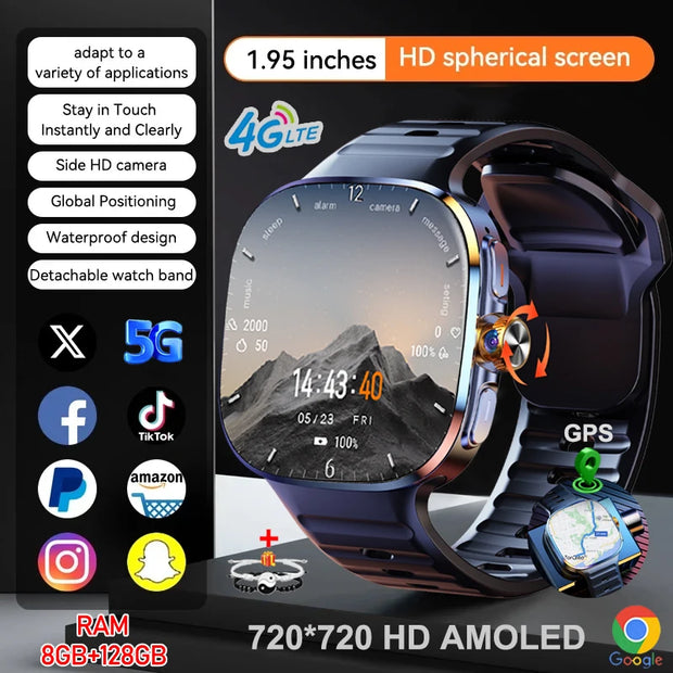 8GB+128GB RAM 5G/4G Android 9.0 Smart Watch 2.4 inch AMOLED 2100mah Battery 1000W Camera GPS WIFI Google APP Download Smartwatch