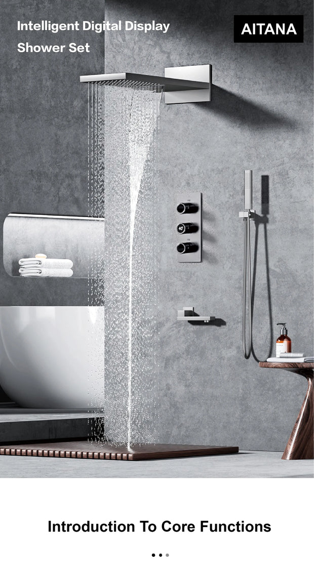 Bathroom Luxury Brass Gun Grey Built-in LED Display Thermostatic Shower System.Wall-Mounted Rainfall/Waterfall Spray Dual Outlet