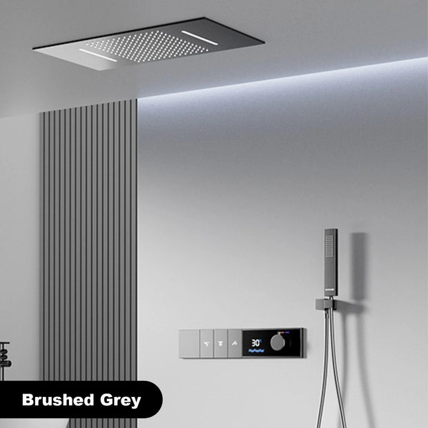 Luxury Brass Gun Grey Thermostatic LED Digital Display 3 Spray Modes Shower System.Ceiling-Embedded Waterfall Outlet Bath Mixer