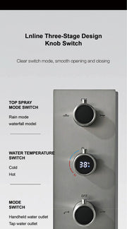 Bathroom Luxury Brass Gun Grey Built-in LED Display Thermostatic Shower System.Wall-Mounted Rainfall/Waterfall Spray Dual Outlet