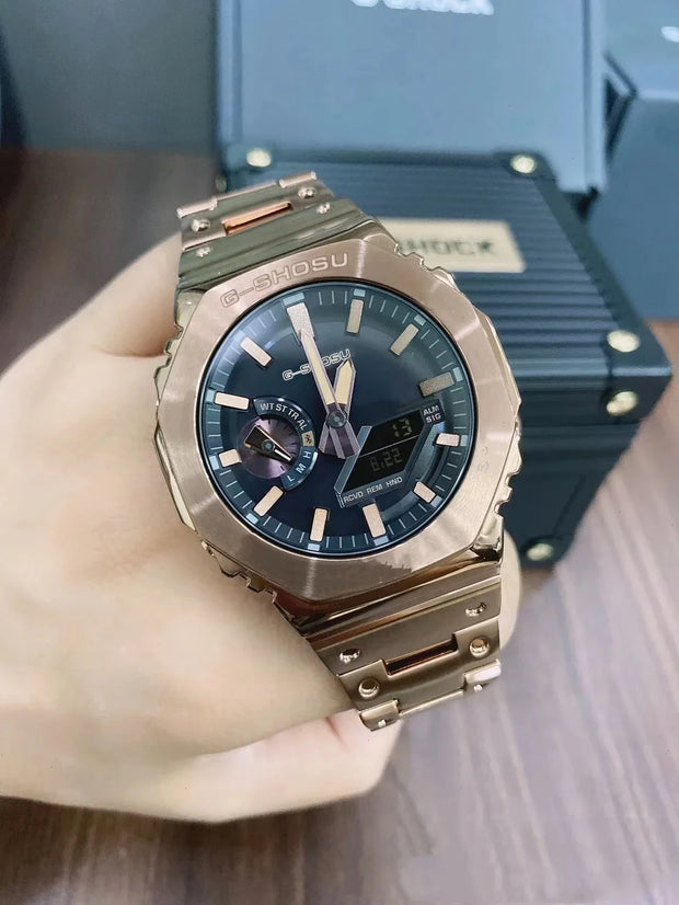 Digital Sports Electronic Unisex Watch Full Function LED Alloy Large Dial World Time Steel Strap GMB Oak Series