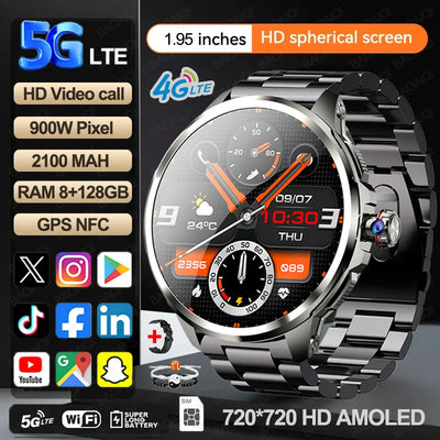 5G/4G All-Network Smart Watch 1.95 inch AMOLED 2100mah Battery 8GB+128GB RAM 900W Camera GPS WIFI Google APP Download Smartwatch