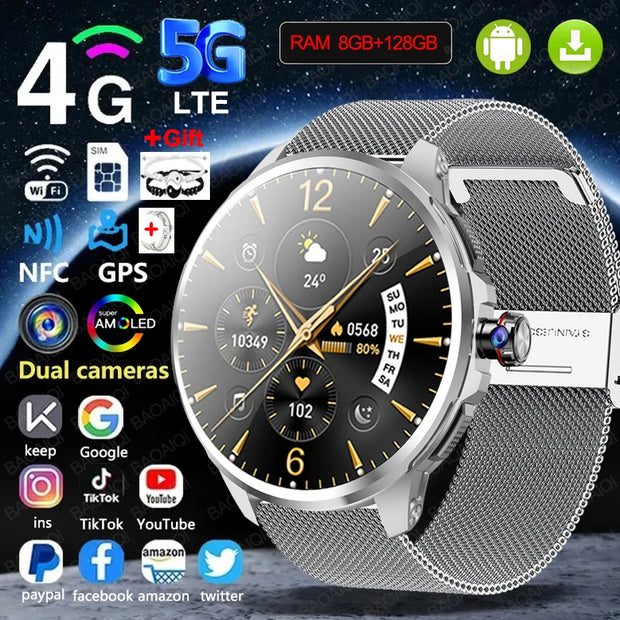 4G/5G Full Network Smart Watch 720*720 AMOLED Screen 900W Pixel Video Call 8GB+128GB RAM 2100 mAh WIFI GPS Google APP Smartwatch