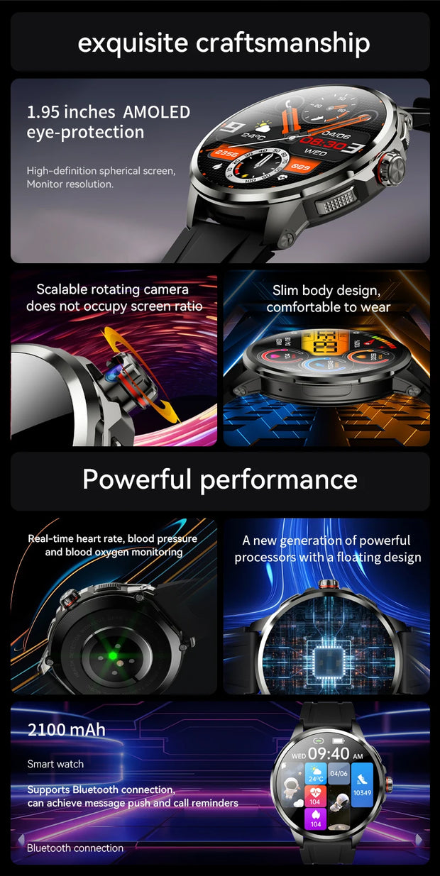 4G/5G Full Network Smart Watch 720*720 AMOLED Screen 900W Pixel Video Call 8GB+128GB RAM 2100 mAh WIFI GPS Google APP Smartwatch