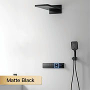 Luxury gun gray brass shower system intelligent LED digital display design, wall mounted dual control cold & hot 4-function Tap