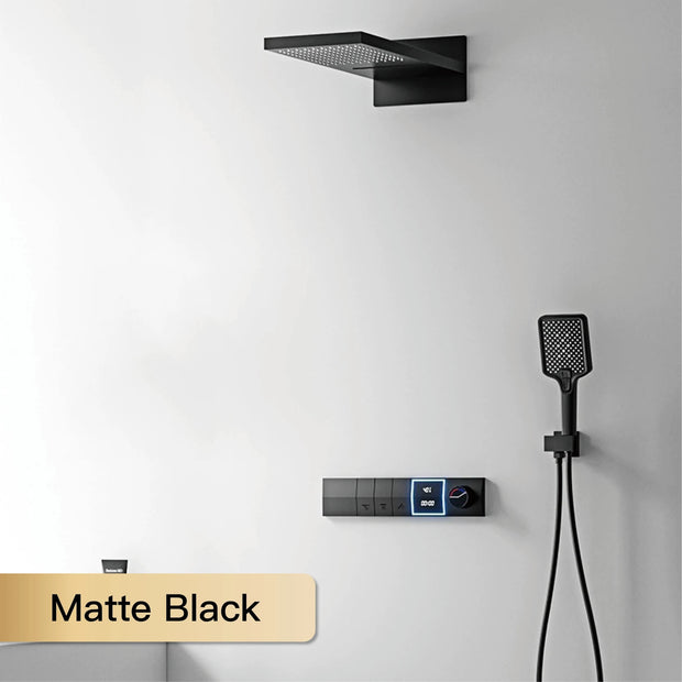 Luxury gun gray brass shower system intelligent LED digital display design, wall mounted dual control cold & hot 4-function Tap