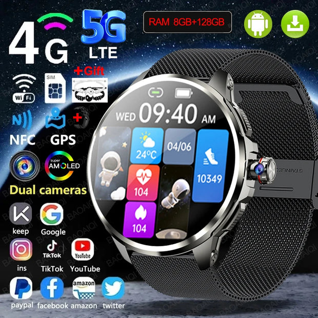 4G/5G Full Network Smart Watch 720*720 AMOLED Screen 900W Pixel Video Call 8GB+128GB RAM 2100 mAh WIFI GPS Google APP Smartwatch