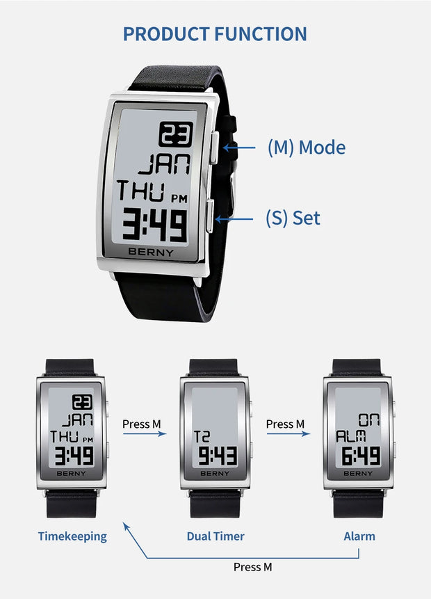 Electronic Digital Watch for Men Fitness Ink Wristwatch Stainless Steel Case Leather Strap 3ATM Waterproof Men Sport Watch Ink