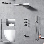 Bathroom Luxury Brass Gun Grey Built-in LED Display Thermostatic Shower System.Wall-Mounted Rainfall/Waterfall Spray Dual Outlet