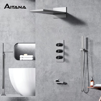 Bathroom Luxury Brass Gun Grey Built-in LED Display Thermostatic Shower System.Wall-Mounted Rainfall/Waterfall Spray Dual Outlet