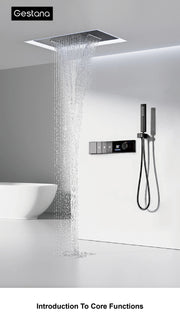 Luxury Brass Gun Grey Thermostatic LED Digital Display 3 Spray Modes Shower System.Ceiling-Embedded Waterfall Outlet Bath Mixer